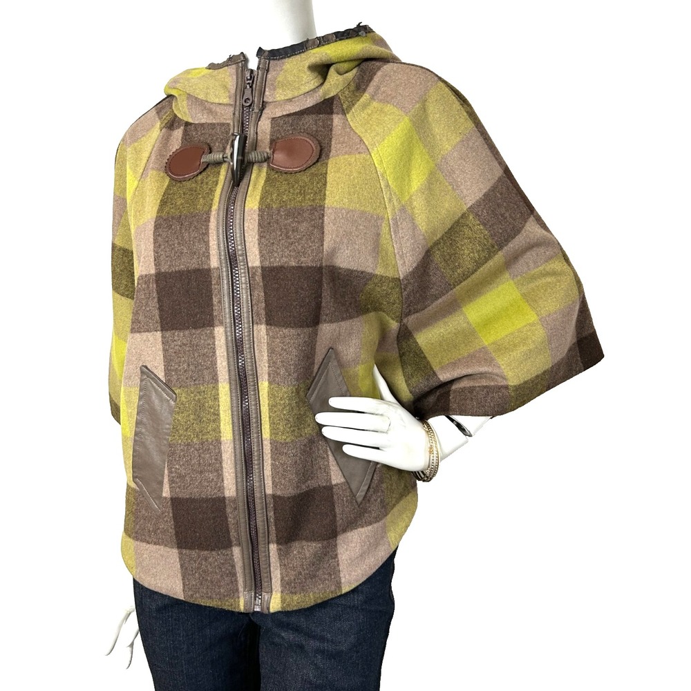 Eva Franco Wool Blend Plaid Cape Hood Pockets Zip Front Toggle Size X-Small *GUC